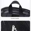 Detail show of a black fashion mesh backpack featuring a comfort handle and a smooth double zipper head.