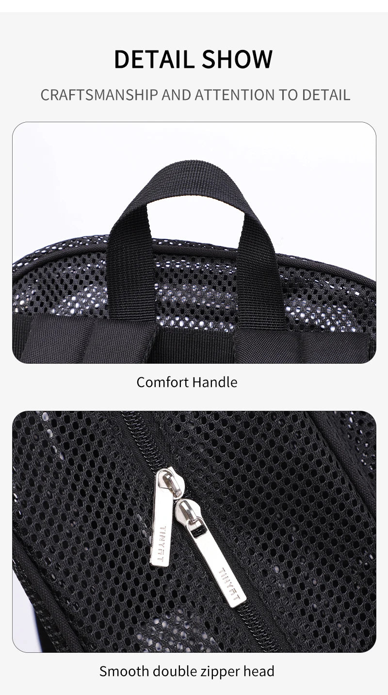 Detail show of a black fashion mesh backpack featuring a comfort handle and a smooth double zipper head.