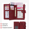 A maroon clutch wallet with multiple card slots and a large banknote slot, shown open and closed.
