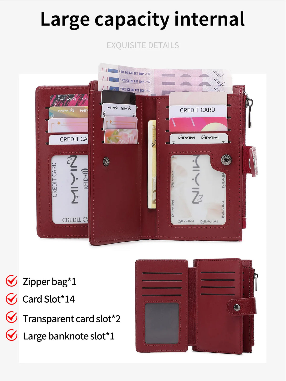 A maroon clutch wallet with multiple card slots and a large banknote slot, shown open and closed.