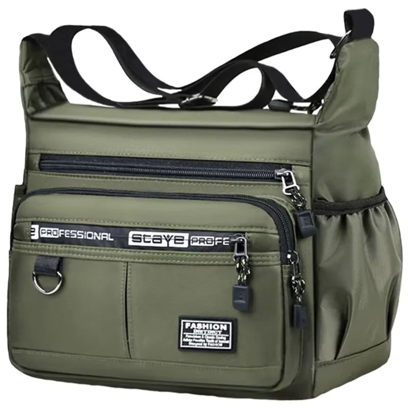 A olive green men's business crossbody bag with black straps and zippers.
