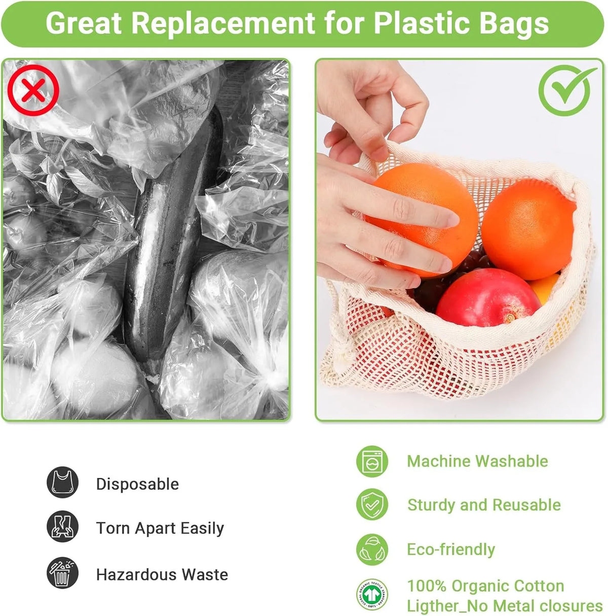 Reusable cotton mesh produce bags used for grocery shopping, showing a hand holding an orange and a red apple.