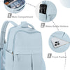 Light blue laptop backpack showing compartments for a laptop, water bottles, and a front pocket.