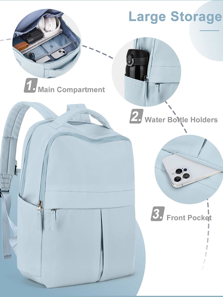 Light blue laptop backpack showing compartments for a laptop, water bottles, and a front pocket.