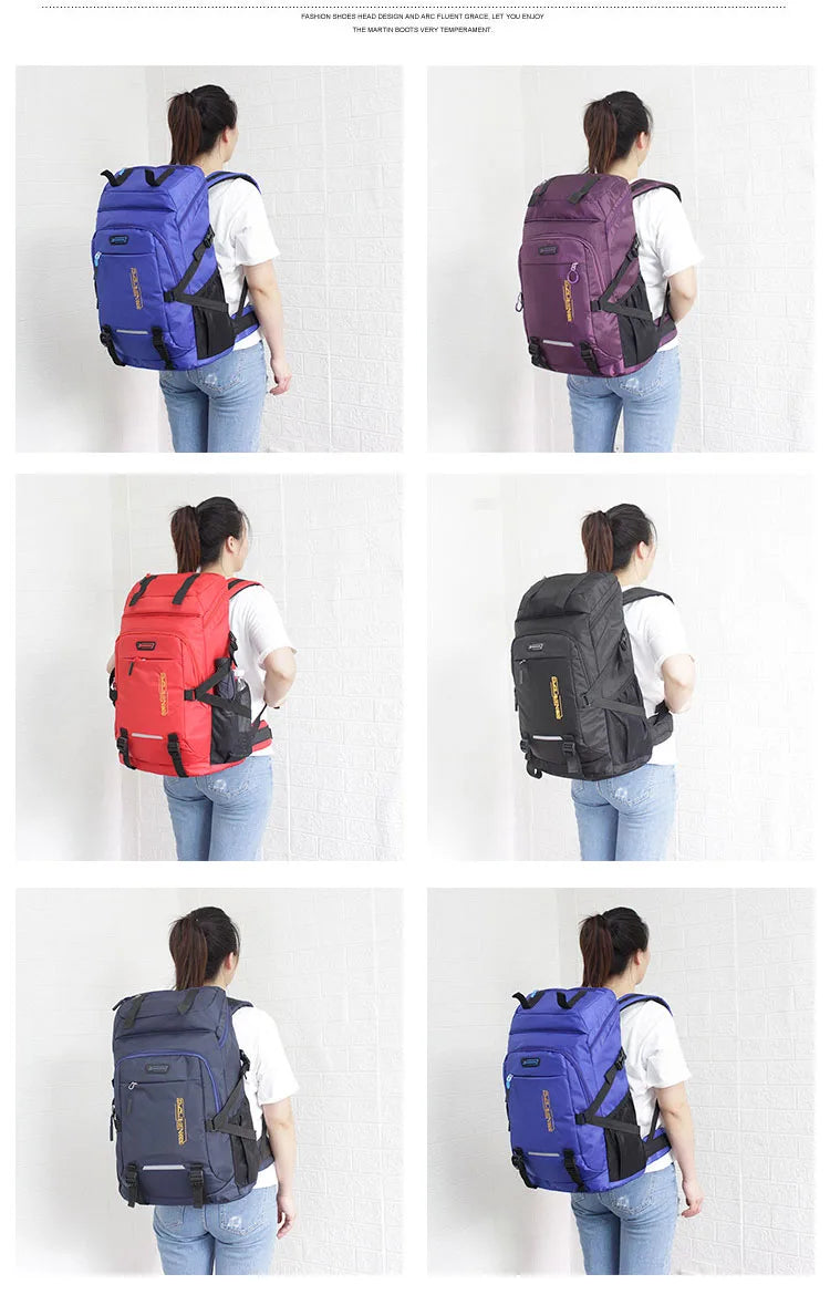 A woman is shown wearing a large capacity travel backpack with a rain cover in various colors and angles.