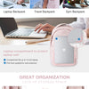 Pink laptop backpack shown from the front and side, highlighting various storage compartments.