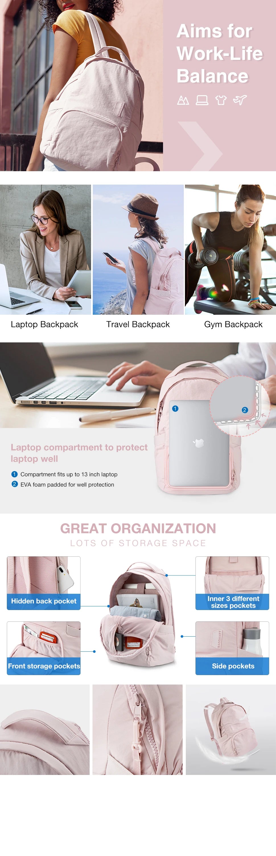 Pink laptop backpack shown from the front and side, highlighting various storage compartments.
