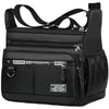 Black men's business crossbody bag with multiple zippered compartments and adjustable strap.