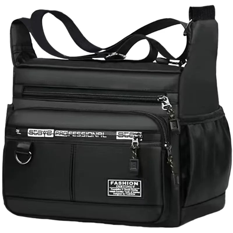 Black men's business crossbody bag with multiple zippered compartments and adjustable strap.
