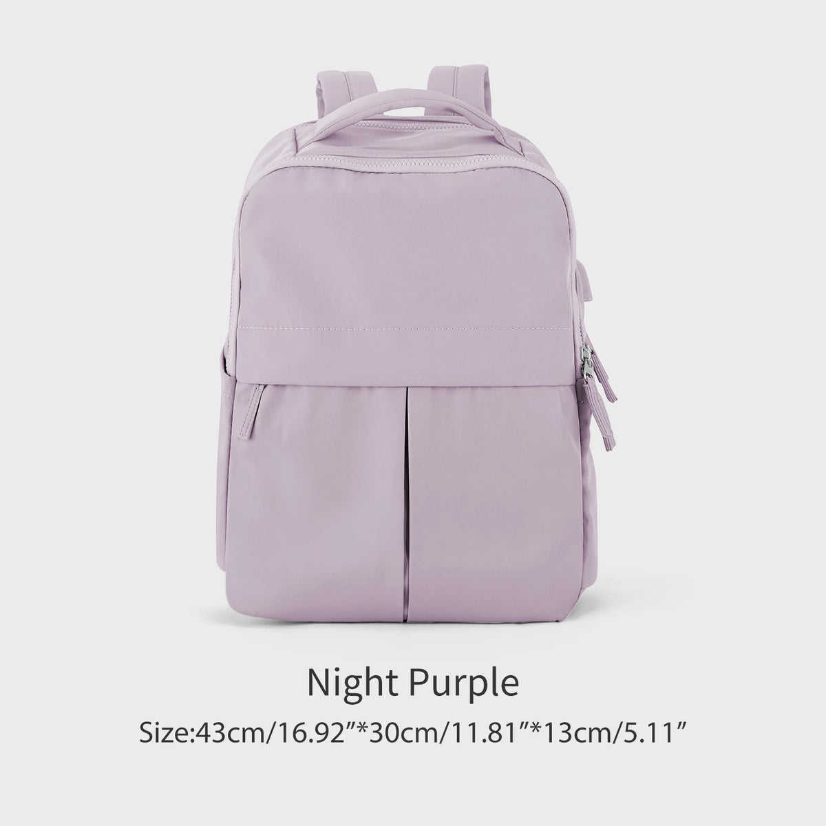 A light purple women's laptop backpack with a top handle and zippered compartments.