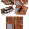 A brown leather clutch wallet with a leopard print design and a wristlet strap, shown in various angles.