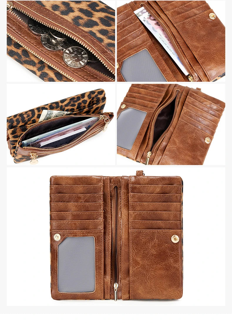 A brown leather clutch wallet with a leopard print design and a wristlet strap, shown in various angles.