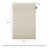 A rectangular beige cotton mesh produce bag with a drawstring closure.