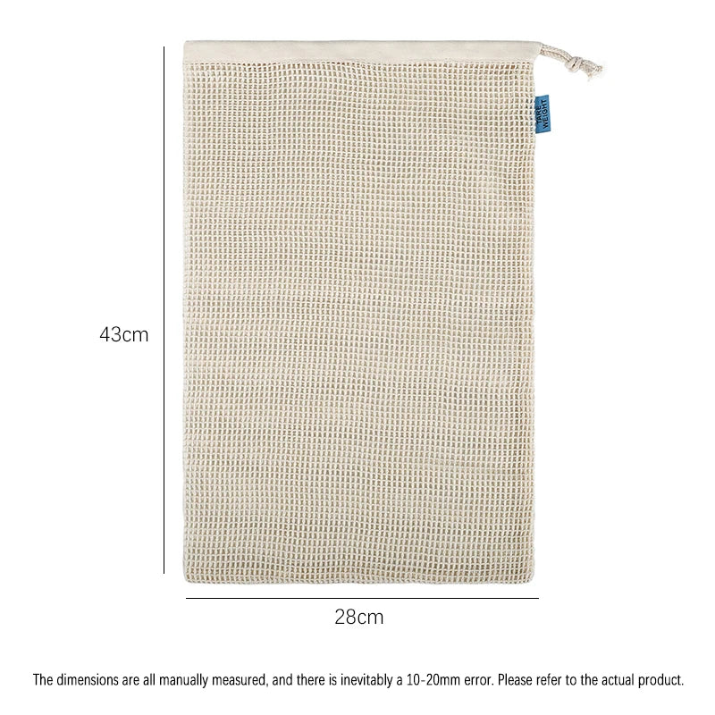 A rectangular beige cotton mesh produce bag with a drawstring closure.