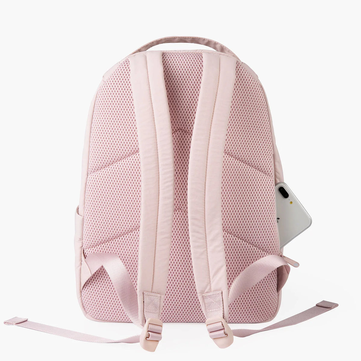 A pink waterproof anti-theft laptop backpack shown from the back with light pink straps.