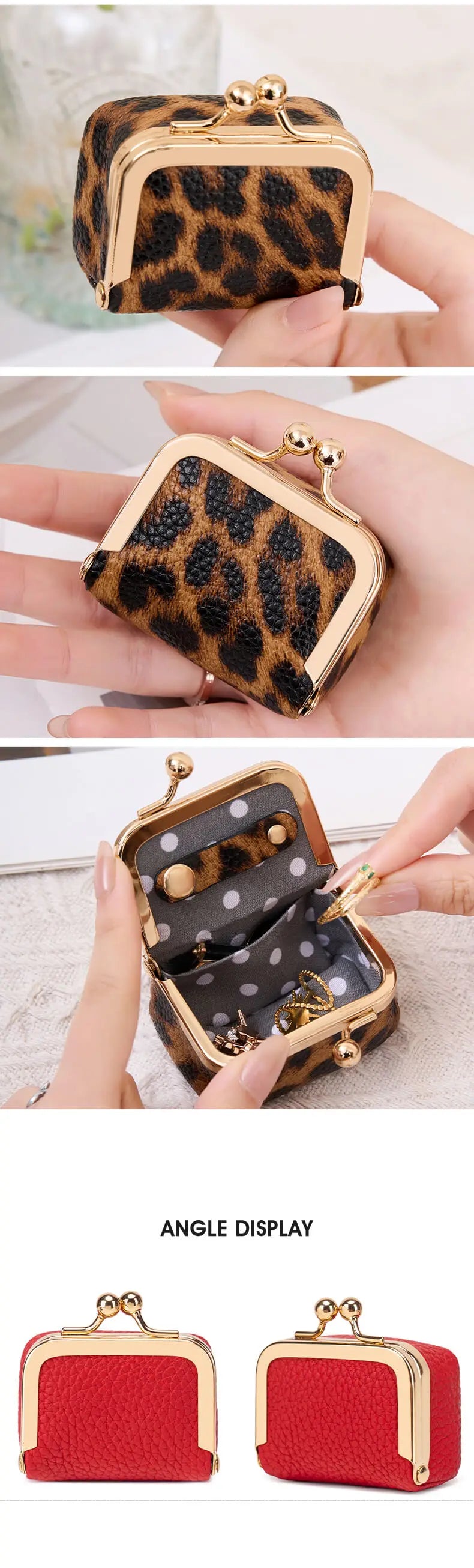 Caja de almacenamiento de joyería de terciopelo con borde dorado y estampado de leopardo, vista desde varios ángulos