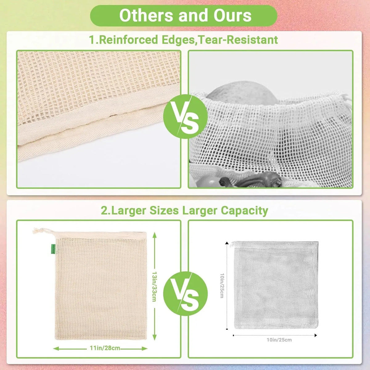 Comparison showing reinforced edges and larger sizes of reusable cotton mesh produce bags