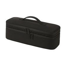 Black durable travel hair dryer storage bag with partitioned compartments.