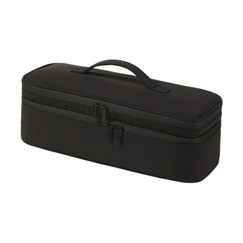 Black durable travel hair dryer storage bag with partitioned compartments.