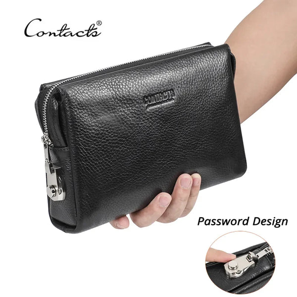 A black genuine leather men's clutch wallet with a zipper and password design being held in a hand.