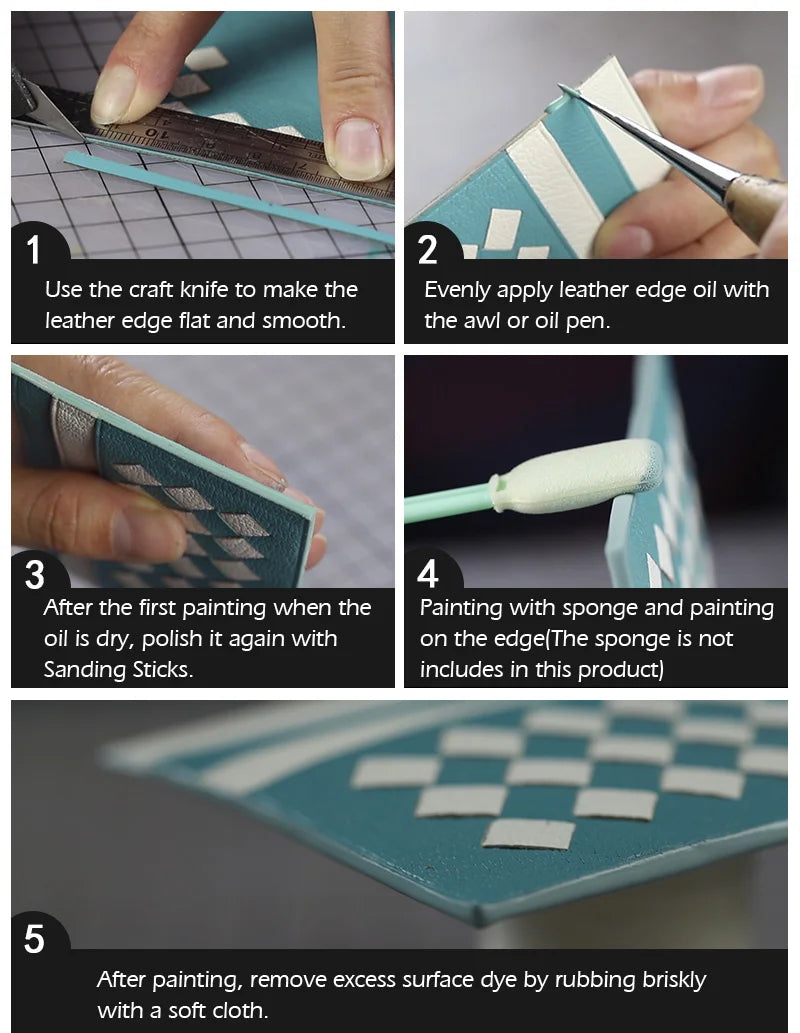 Cinq étapes montrant comment appliquer l'huile de peinture pour bordure de cuir et finir un projet.