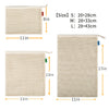 Three reusable beige cotton mesh produce bags in sizes S, M, and L shown side by side.