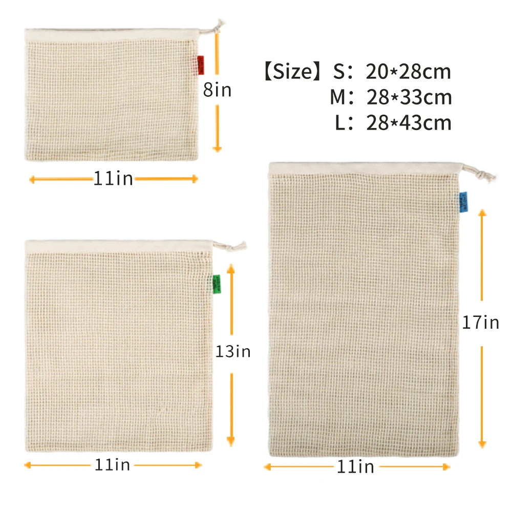 Three reusable beige cotton mesh produce bags in sizes S, M, and L shown side by side.