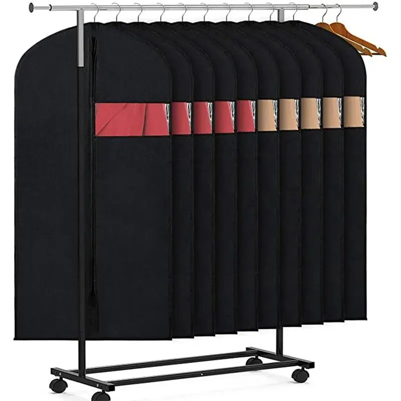 Black garment dust covers for hangers with colored fabric protectors