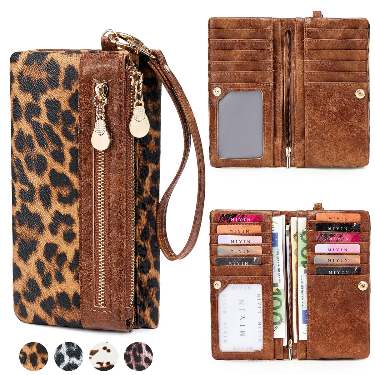 A brown vintage leopard print clutch wallet with a leather wristlet strap shown in multiple views.