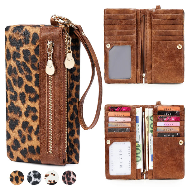 A brown vintage leopard print clutch wallet with a leather wristlet strap shown in multiple views.