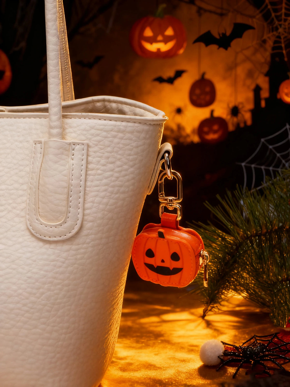 Cartera de monedas de cuero blanco con llavero de calabaza, exhibida frente a un fondo temático de Halloween.