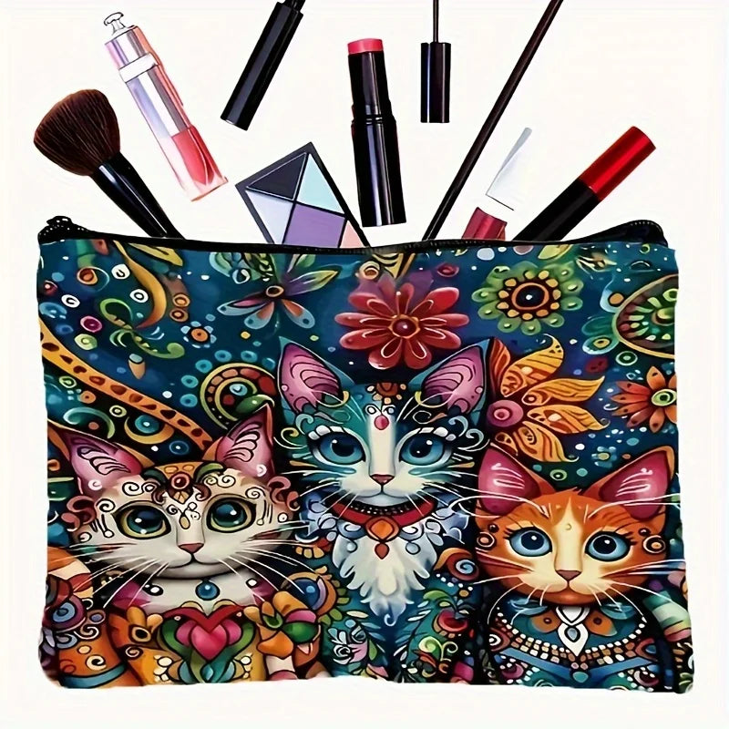 A colorful makeup pouch featuring a cat design with vibrant floral and geometric patterns.