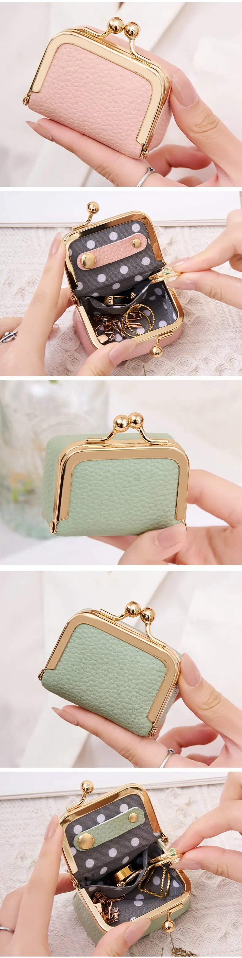 Caja de almacenamiento de joyas de terciopelo mini con borde dorado en colores rosa claro y verde oliva, sostenida por manos.