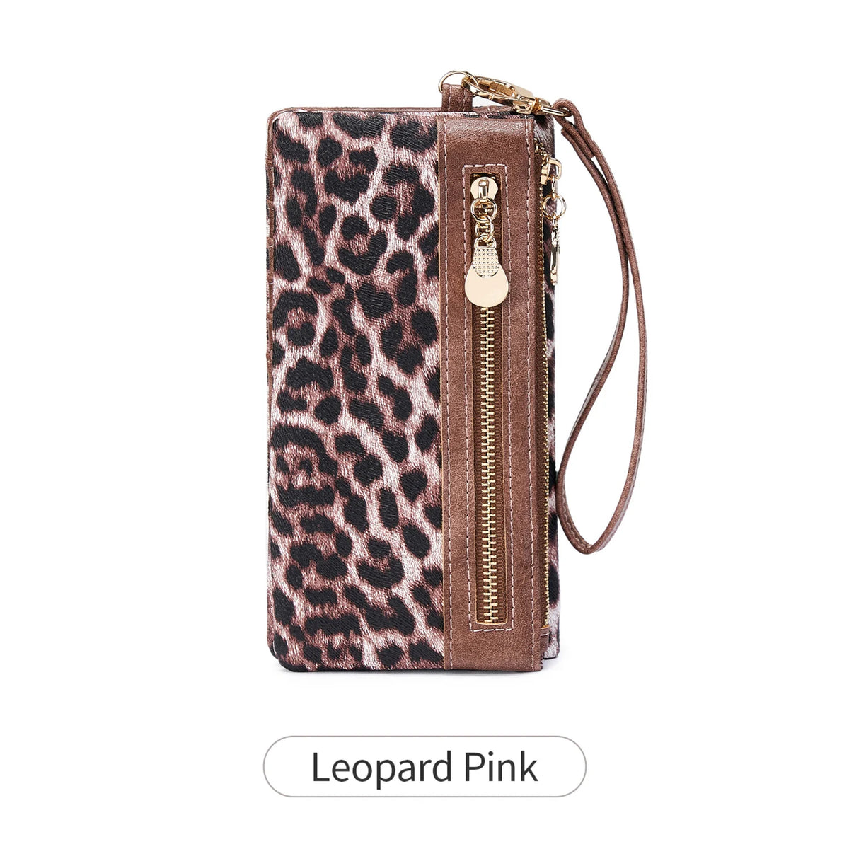 A brown leopard print clutch wallet with a gold zipper and wristlet strap.
