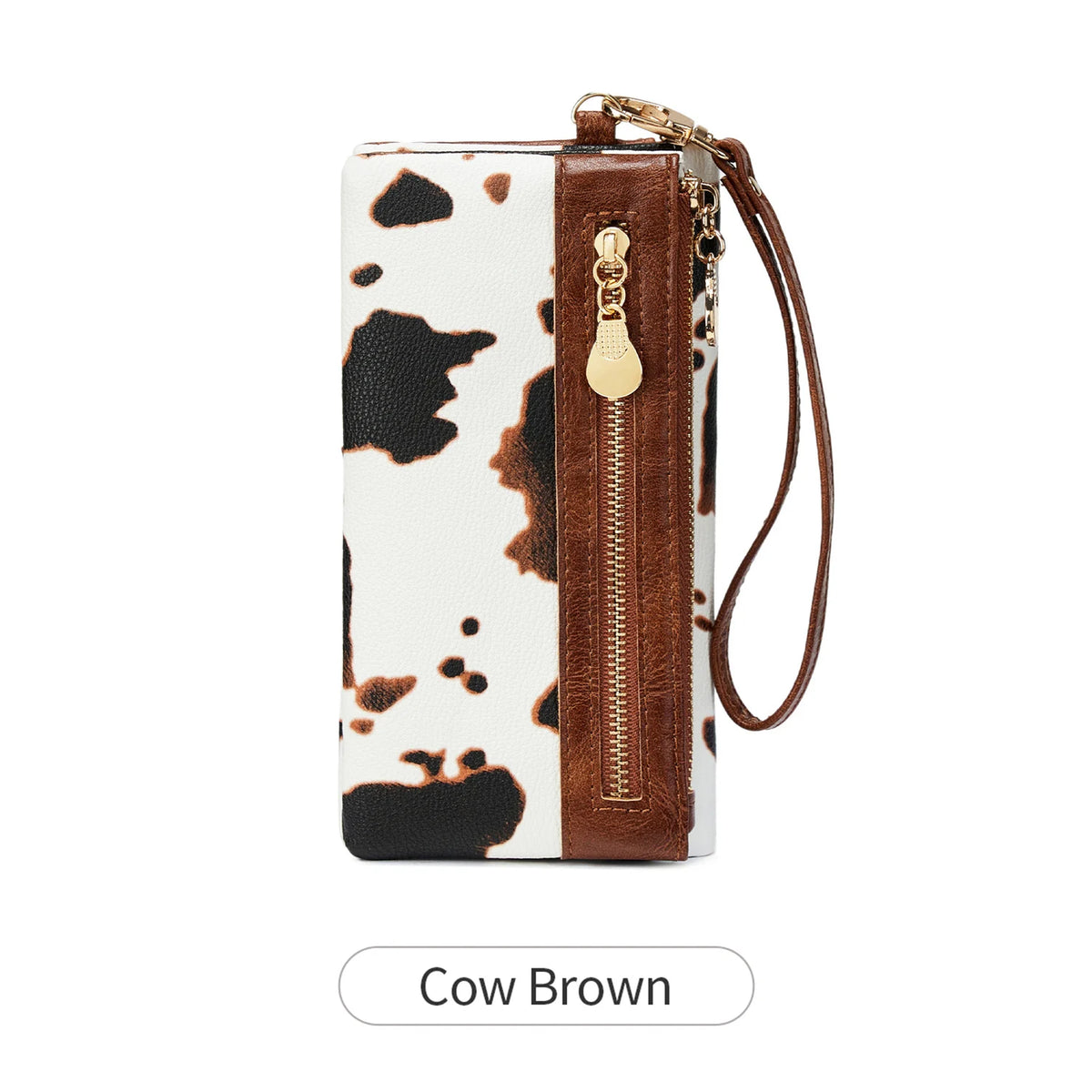 A brown leather clutch wallet featuring a white background with black leopard print spots and a gold-toned wristlet strap.