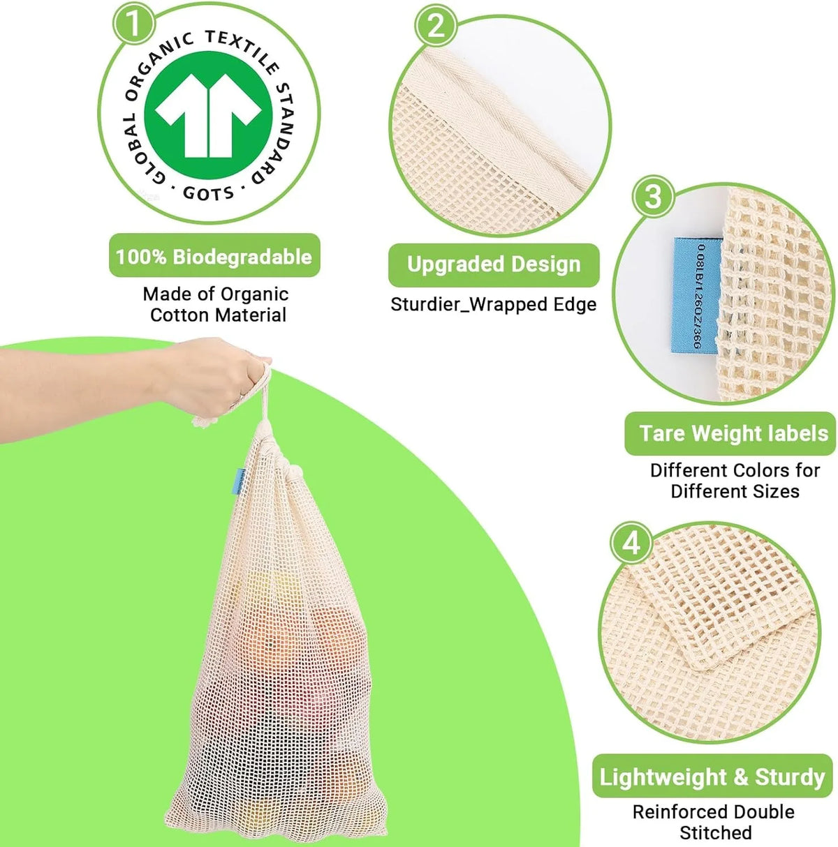 A set of reusable organic cotton mesh produce bags with upgraded design and reinforced stitching.