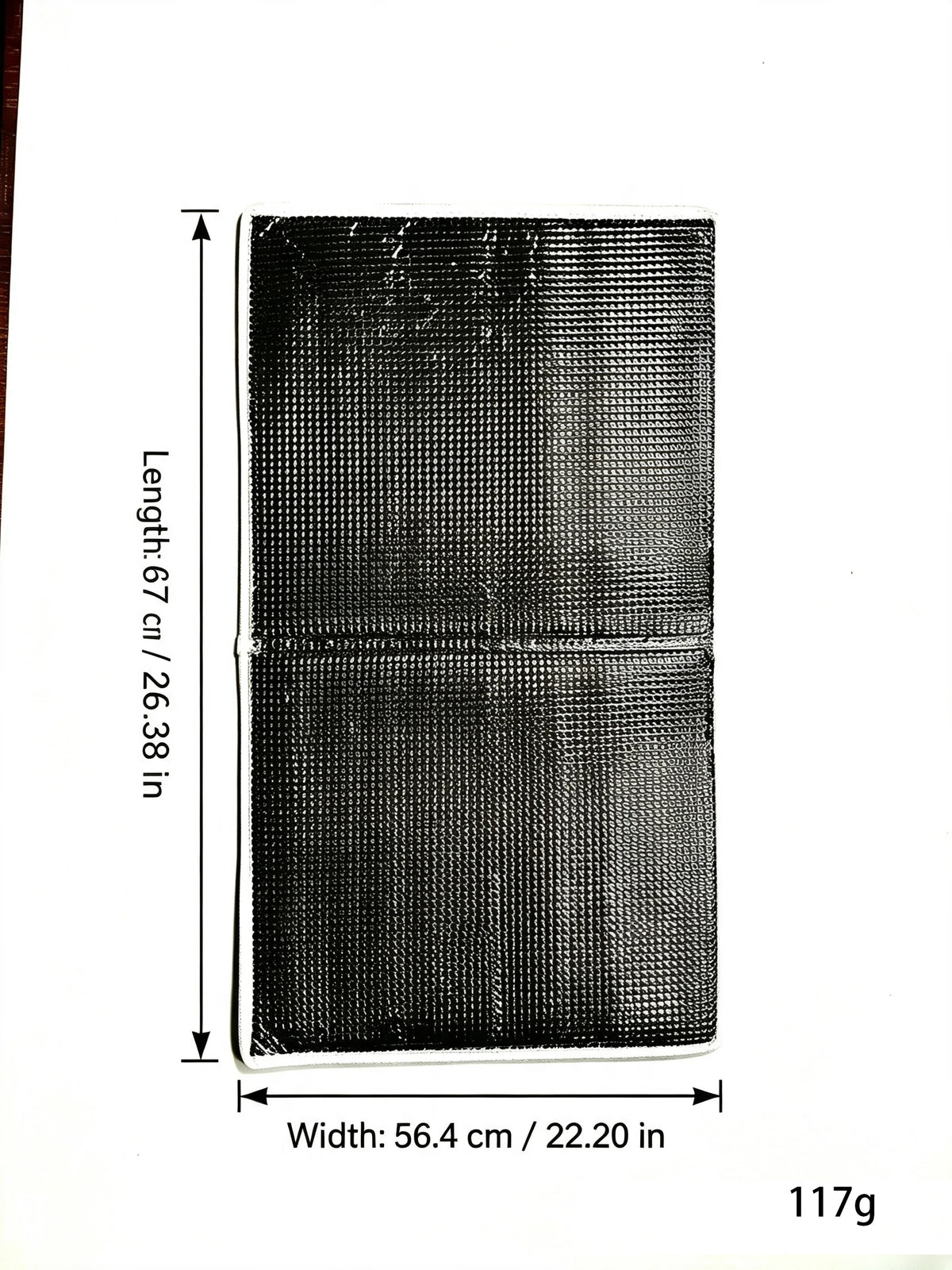 A black reusable insulated warming bag set with dimensions 67 cm by 56.4 cm and weighing 117g.