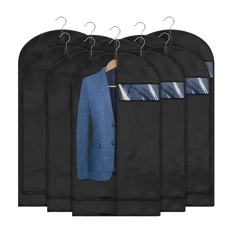 Black garment dust covers for hangers, packaged for clear protection.
