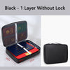 Black one layer without lock fireproof document storage bag shown open and closed