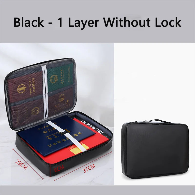 Black one layer without lock fireproof document storage bag shown open and closed