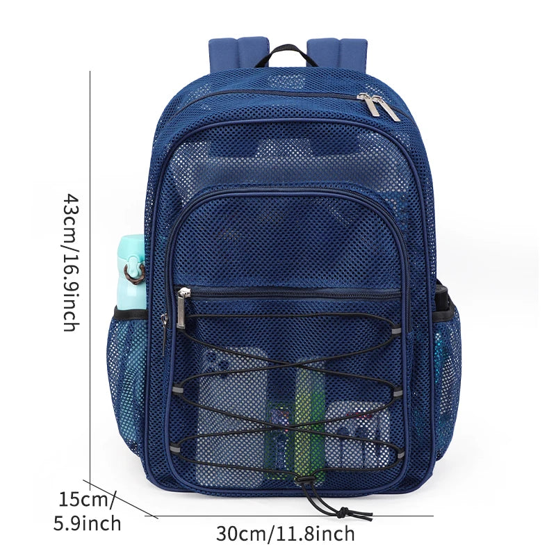A dark blue mesh backpack designed for laptop and daily use.