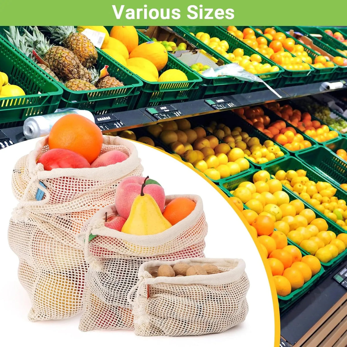 Reusable cotton mesh produce bags filled with various fruits and vegetables like oranges, lemons, and apples