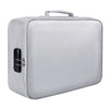 A silver fireproof document storage bag with a handle and a black latch.
