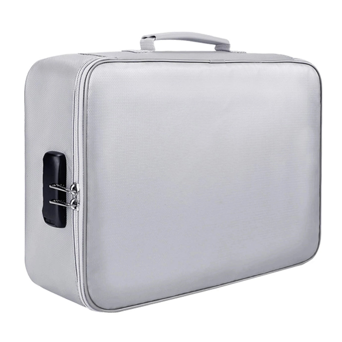 A silver fireproof document storage bag with a handle and a black latch.