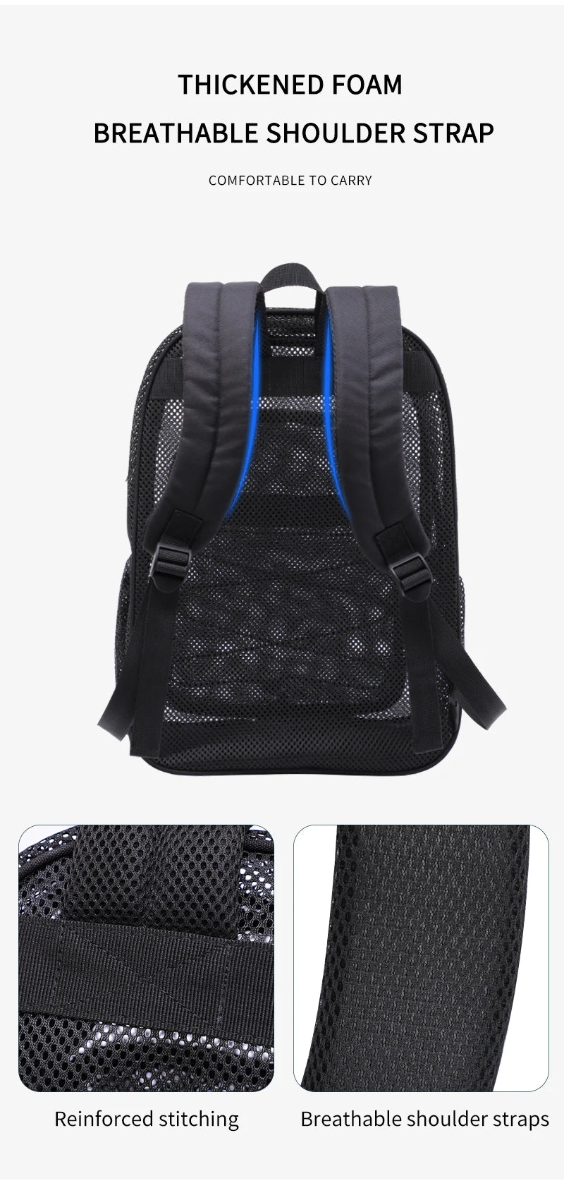 Black thickened foam breathable shoulder strap backpack with reinforced stitching