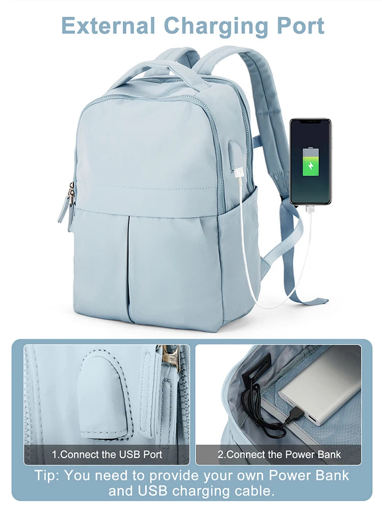 Light blue laptop backpack with an external charging port connected to a smartphone.