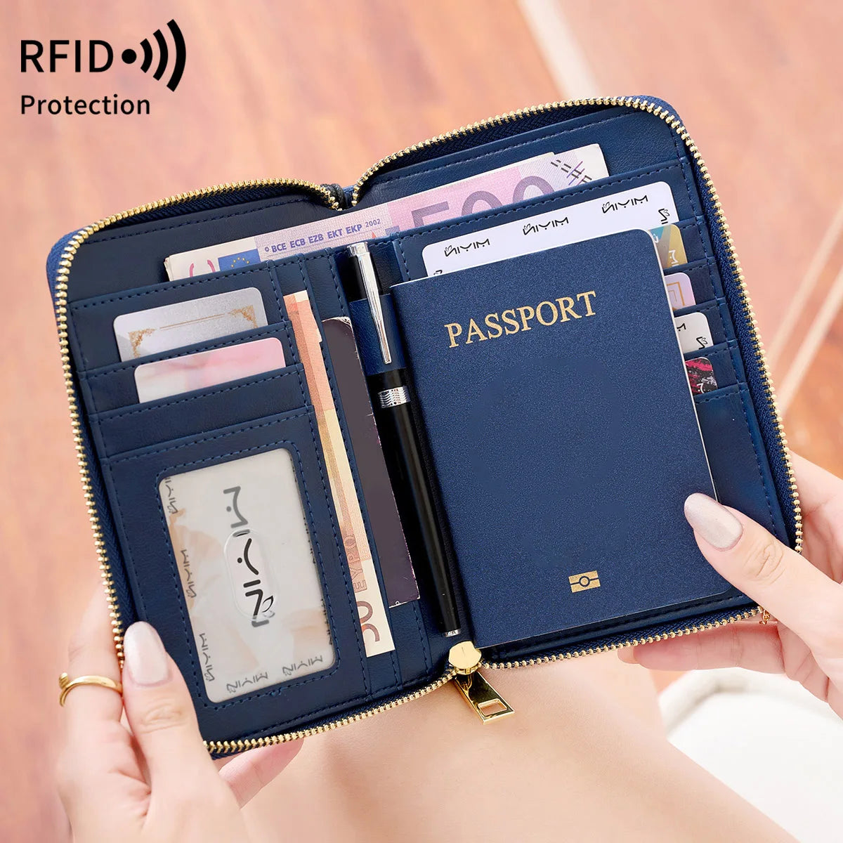 A dark blue RFID blocking travel wallet is shown open, displaying various cards and documents.