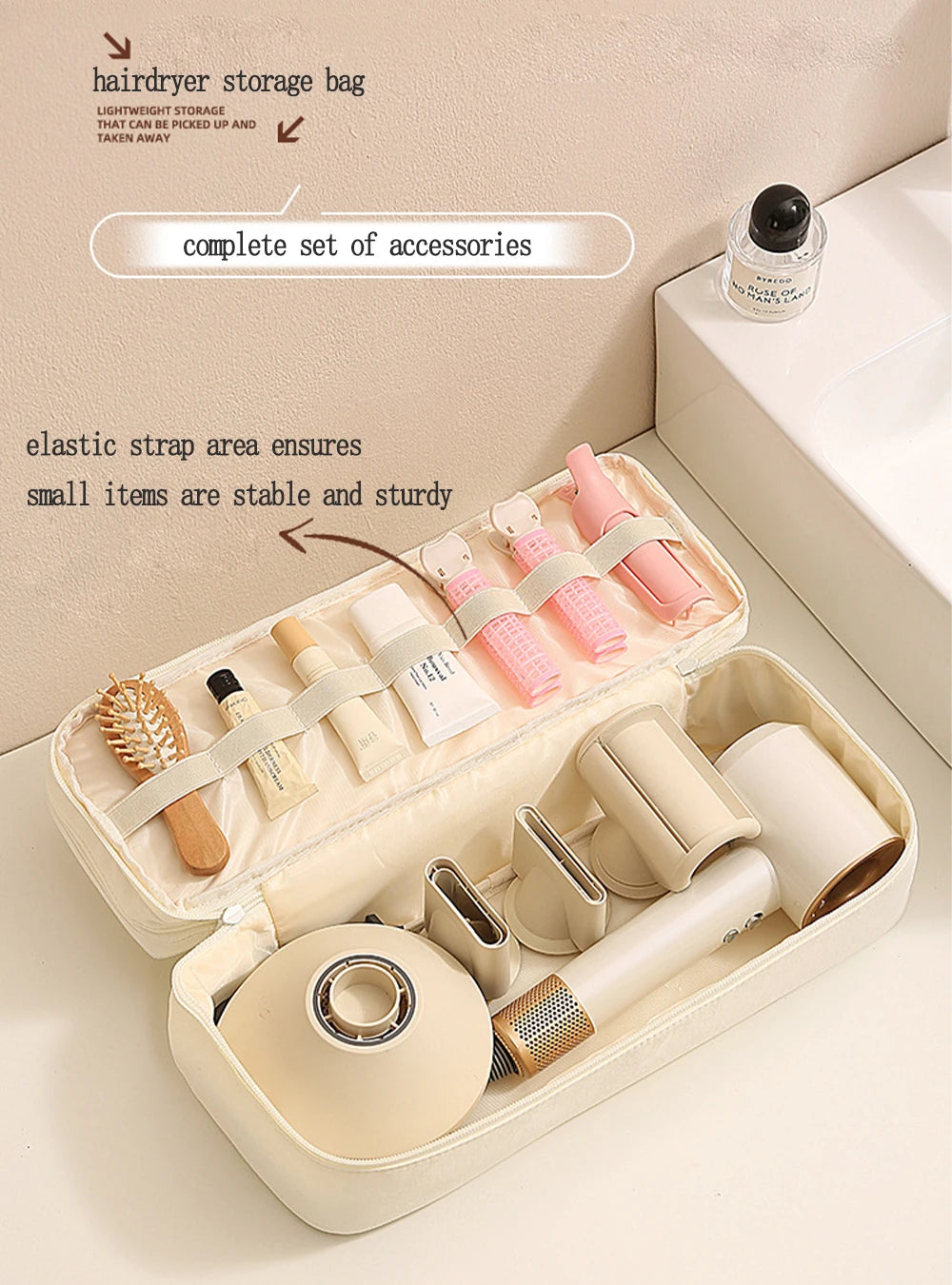 A beige storage bag for hair dryer accessories showing elastic straps holding various small items like brushes and dryers.