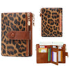 A brown leopard print women's wallet with a leather flap and zipper, shown next to a stack of cards.