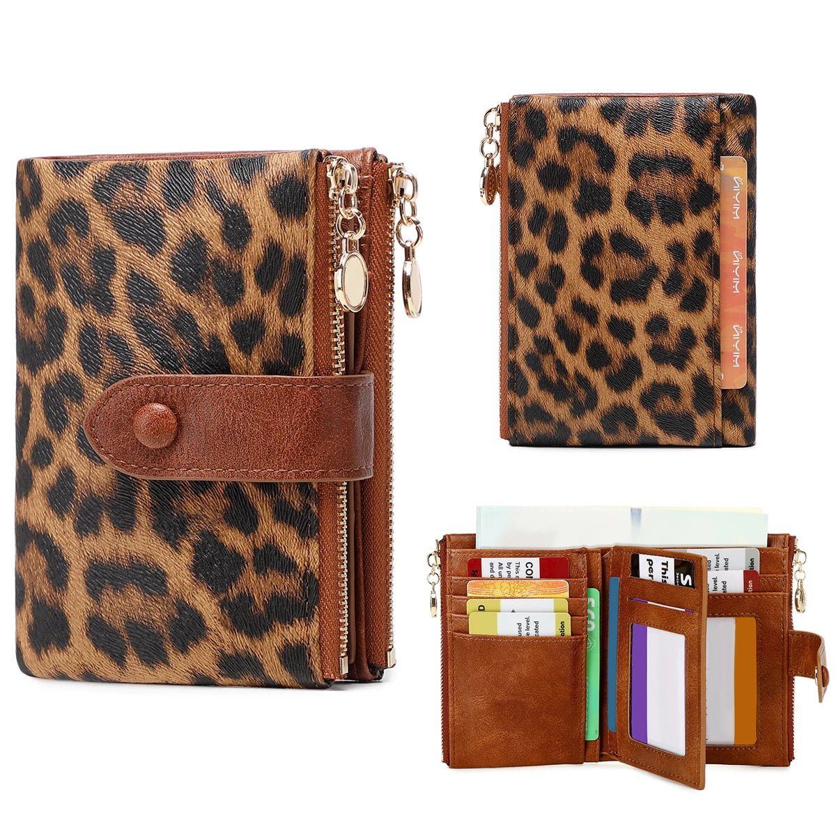 A brown leopard print women's wallet with a leather flap and zipper, shown next to a stack of cards.